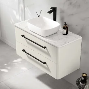Omaha Linen White Wall Hung Drawer Vanity with Marble Top & Curved Counter Top Basin 1000mm - Black Accents