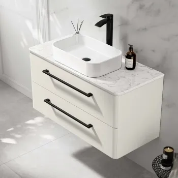 Omaha Linen White Wall Hung Drawer Vanity with Marble Top & Marin Basin 1000mm - Black Accents