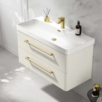 Omaha Linen White Wall Hung Basin Drawer Vanity 1000mm - Brushed Brass Accents
