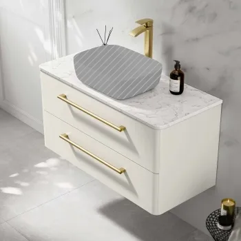 Omaha Linen White Wall Hung Drawer Vanity with Marble Top 1000mm (Excludes Counter Top Basin) - Brushed Brass Accents