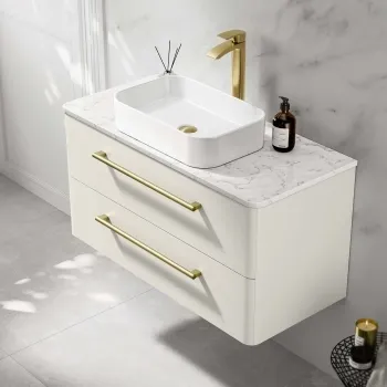 Omaha Linen White Wall Hung Drawer Vanity with Marble Top & Marin Basin 1000mm - Brushed Brass Accents