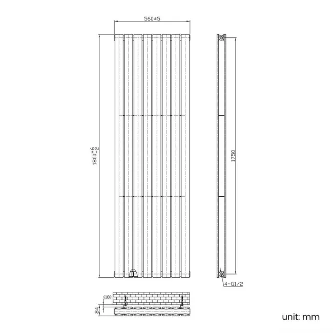 Faro Matt Black Double Flat Panel Vertical Radiator 1800x560mm