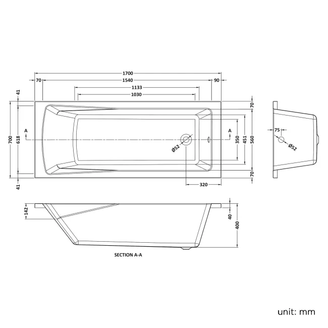 Hereford 1700x700 Square Shower Bath & 6mm Easy Clean Screen
