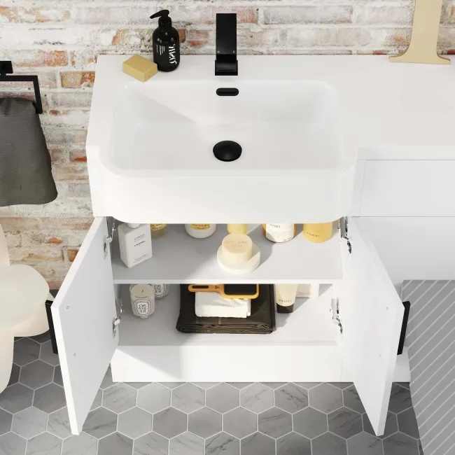 Harper Gloss White Basin Vanity and Back To Wall Toilet Unit 1200mm - Black Accents - Left Handed