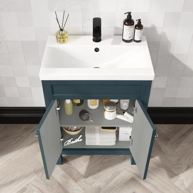 Bermuda Inky Blue Combination Vanity Basin and Hudson Toilet with Wooden Seat 1100mm
