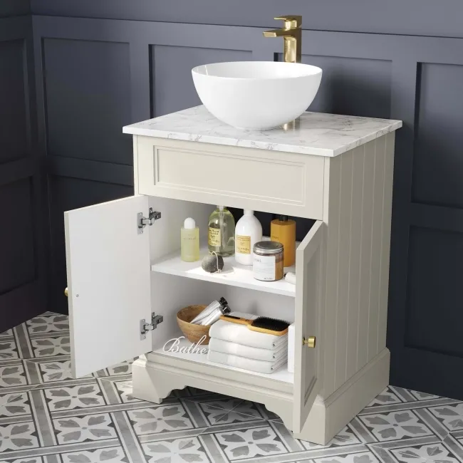 Lucia Chalk White Vanity with Marble Top & Round Counter Top Basin 640mm - Brushed Brass Accents