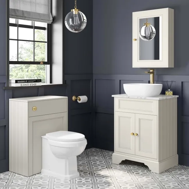 Lucia Chalk White Vanity with Marble Top & Curved Counter Top Basin 640mm - Brushed Brass Accents