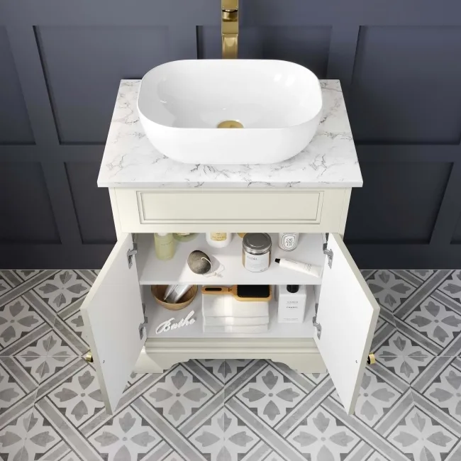 Lucia Chalk White Vanity with Marble Top & Curved Counter Top Basin 640mm - Brushed Brass Accents