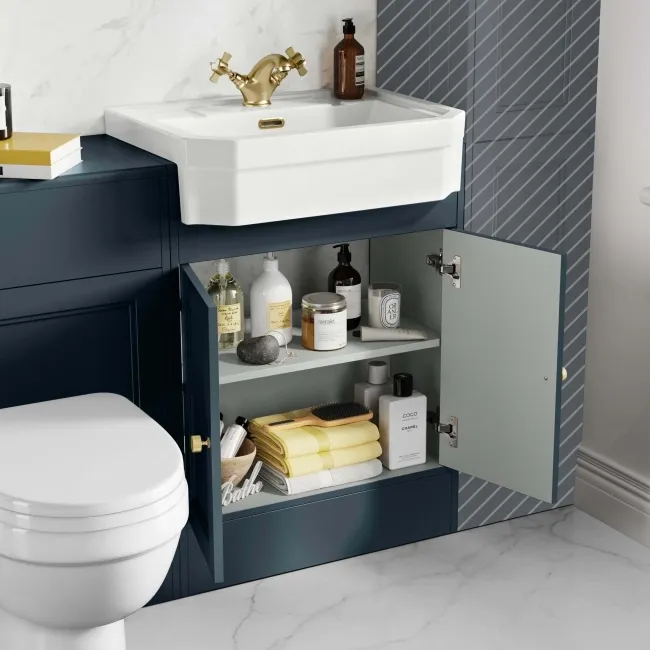 Monaco Inky Blue Combination Vanity Traditional Basin and Seattle Toilet 1200mm - Brushed Brass Accents