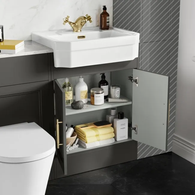 Monaco Graphite Grey Combination Vanity Traditional Basin with Marble Top & Boston Toilet 1200mm - Brass Knurled Handles