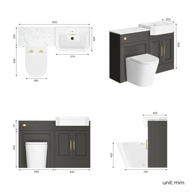 Monaco Graphite Grey Combination Vanity Traditional Basin with Marble Top & Boston Toilet 1200mm - Brass Knurled Handles