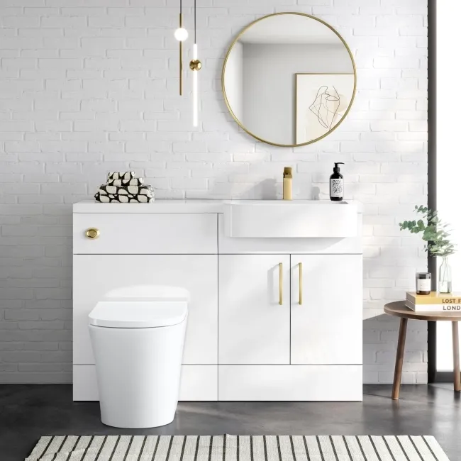 Harper Gloss White Combination Vanity Basin and Tucson Toilet 1200mm - Brushed Brass Accents - Right Handed