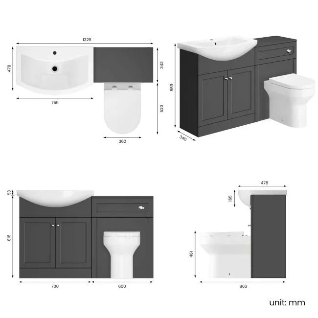Capri Slate Grey Combination Vanity Basin and Denver Toilet 1350mm - Chrome Handles