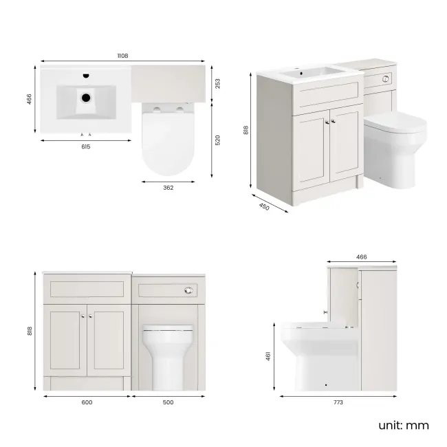 Milos Cotton White Combination Vanity Basin and Denver Toilet 1100mm - Chrome Handles