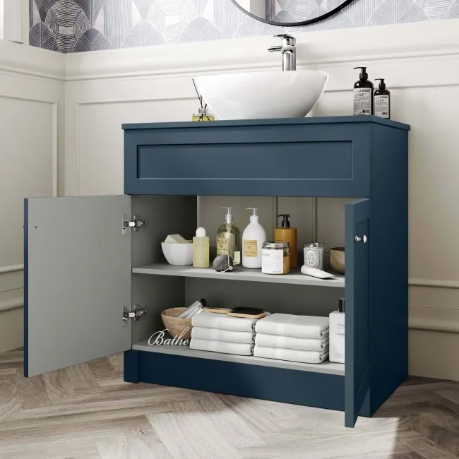 Milos Navy Blue Vanity with Oval Basin 800mm - Brushed Handles