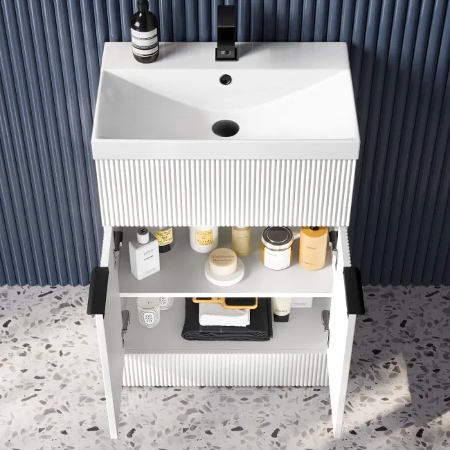 Havana Fluted Coastal White Basin Vanity and Back To Wall Toilet Unit 1100mm (Excludes Toilet) - Black Accents