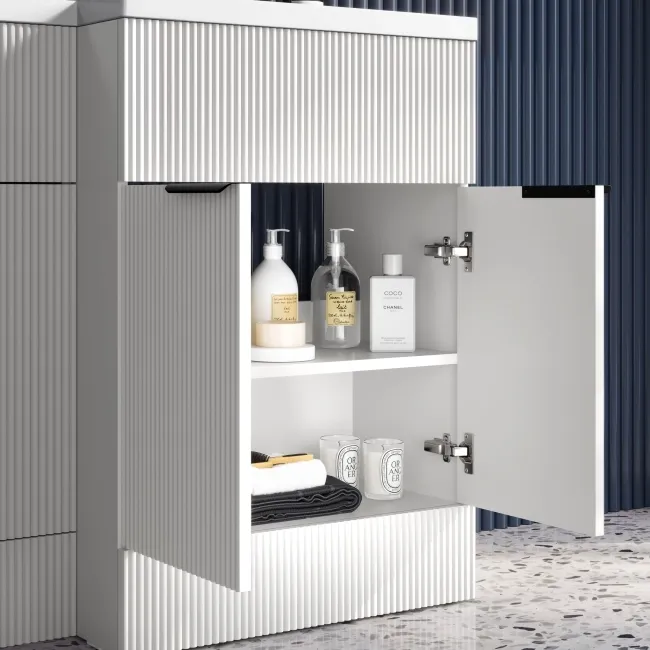 Havana Fluted Coastal White Basin Vanity and Back To Wall Toilet Unit 1100mm (Excludes Toilet) - Black Accents - Right Handed
