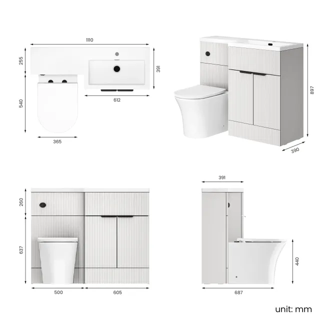 Havana Fluted Coastal White Combination Vanity Basin and Tucson Toilet 1100mm - Black Accents - Right Handed