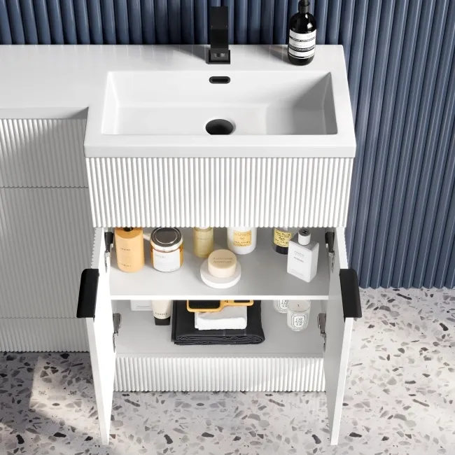 Havana Fluted Coastal White Combination Vanity Basin and Houston Toilet 1100mm - Black Accents - Right Handed