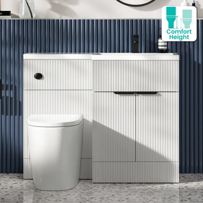 Havana Fluted Coastal White Combination Vanity Basin and Utah Comfort Height Toilet 1100mm - Black Accents - Right Handed