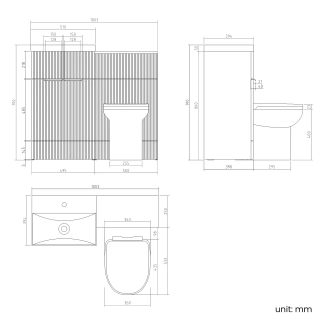 Havana Fluted Coastal White Combination Vanity Basin and Aruba Toilet 1000mm - Brushed Brass Accents