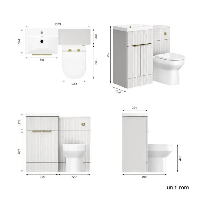 Havana Fluted Coastal White Combination Vanity Basin and Miami Toilet 1000mm - Brushed Brass Accents