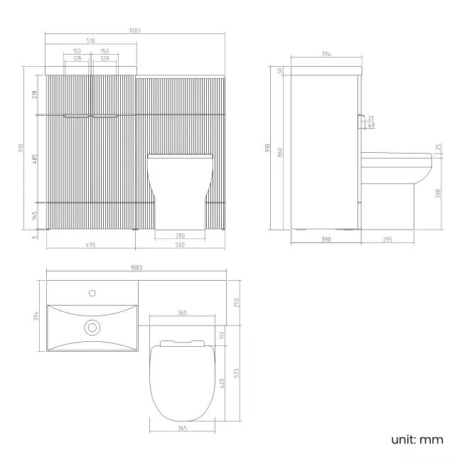 Havana Fluted Coastal White Combination Vanity Basin and Miami Toilet 1000mm - Brushed Brass Accents