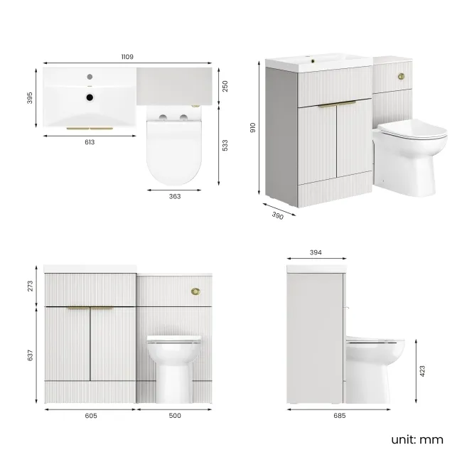Havana Fluted Coastal White Combination Vanity Basin and Aruba Toilet 1100mm - Brushed Brass Accents