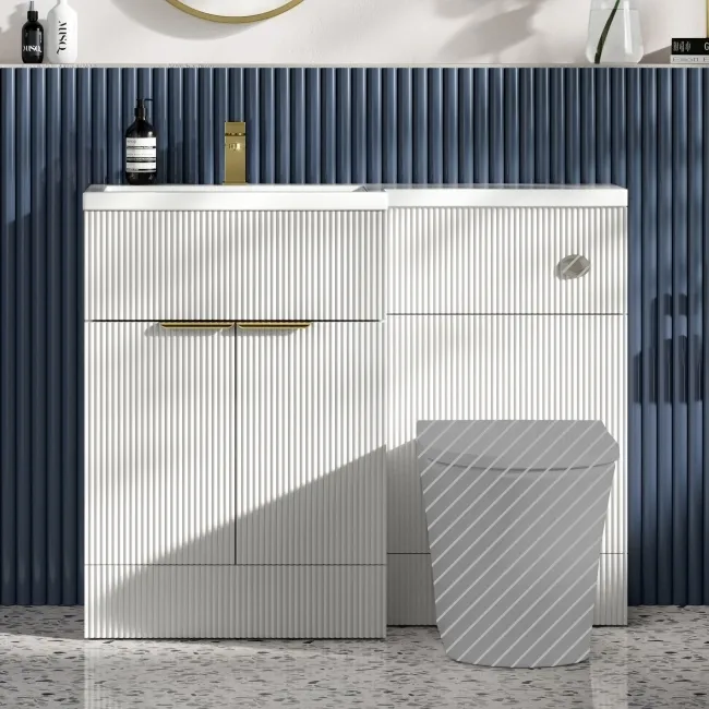 Havana Fluted Coastal White Basin Vanity and Back To Wall Toilet Unit 1100mm (Excludes Toilet) - Brushed Brass Accents - Left Handed