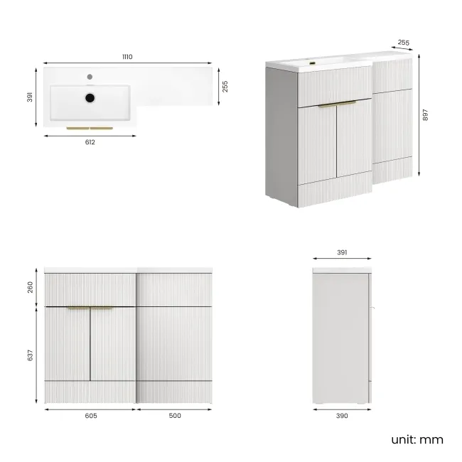 Havana Fluted Coastal White Basin Vanity and Back To Wall Toilet Unit 1100mm (Excludes Toilet) - Brushed Brass Accents - Left Handed