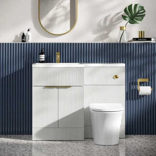 Havana Fluted Coastal White Combination Vanity Basin and Tucson Toilet 1100mm - Brushed Brass Accents - Left Handed