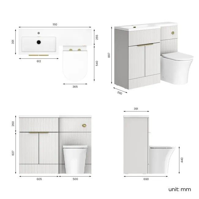 Havana Fluted Coastal White Combination Vanity Basin and Tucson Toilet 1100mm - Brushed Brass Accents - Left Handed