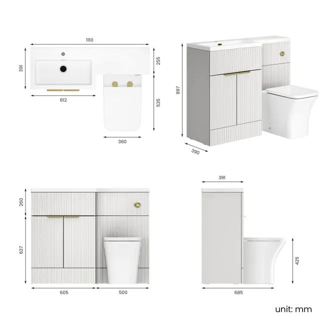 Havana Fluted Coastal White Combination Vanity Basin and Houston Toilet 1100mm - Brushed Brass Accents - Left Handed