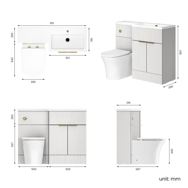 Havana Fluted Coastal White Combination Vanity Basin and Tucson Toilet 1100mm - Brushed Brass Accents - Right Handed