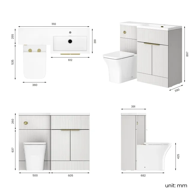 Havana Fluted Coastal White Combination Vanity Basin and Houston Toilet 1100mm - Brushed Brass Accents - Right Handed