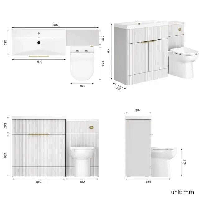 Havana Fluted Coastal White Combination Vanity Basin and Aruba Toilet 1300mm - Brushed Brass Accents