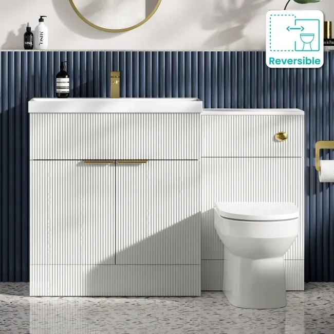 Havana Fluted Coastal White Combination Vanity Basin and Miami Toilet 1300mm - Brushed Brass Accents