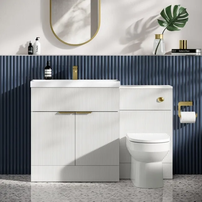 Havana Fluted Coastal White Combination Vanity Basin and Miami Toilet 1300mm - Brushed Brass Accents