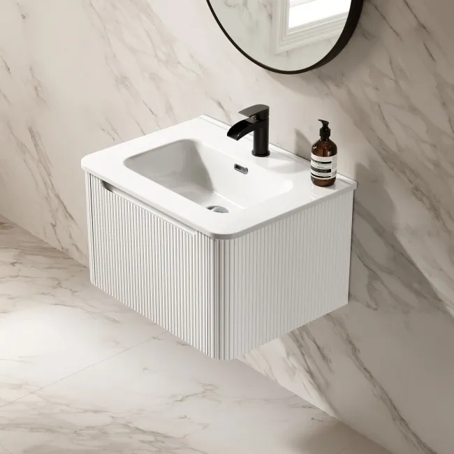 Sorrento Fluted Coastal White Wall Hung Basin Drawer Vanity 600mm