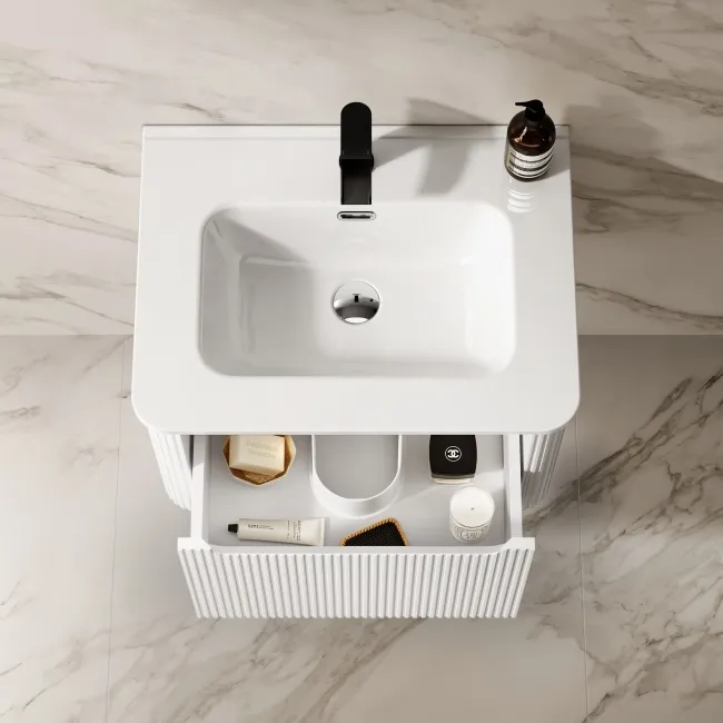 Sorrento Fluted Coastal White Wall Hung Basin Drawer Vanity 600mm