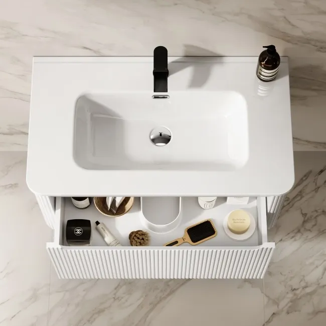 Sorrento Fluted Coastal White Wall Hung Basin Drawer Vanity 800mm