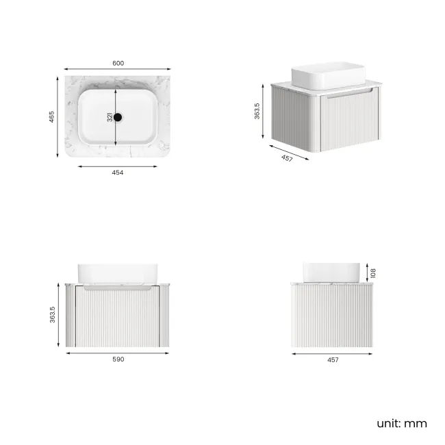 Sorrento Fluted Coastal White Wall Hung Drawer Vanity with Marble Top & Marin Basin 600mm