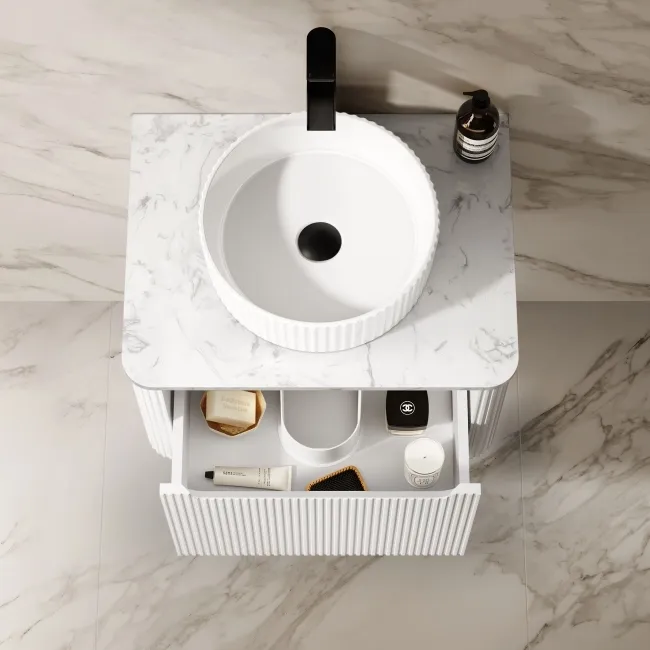 Sorrento Fluted Coastal White Wall Hung Drawer Vanity with Marble Top & Nevis Basin 600mm