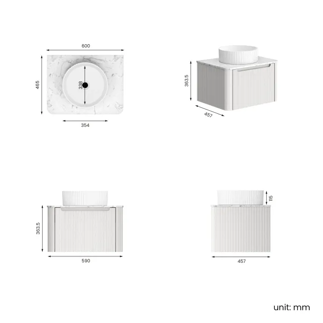 Sorrento Fluted Coastal White Wall Hung Drawer Vanity with Marble Top & Nevis Basin 600mm