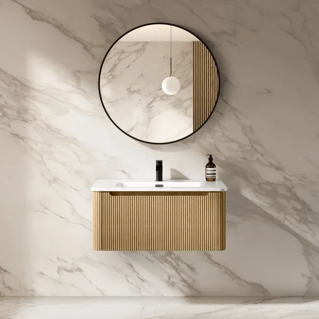 Sorrento Fluted Country Oak Wall Hung Basin Drawer Vanity 800mm