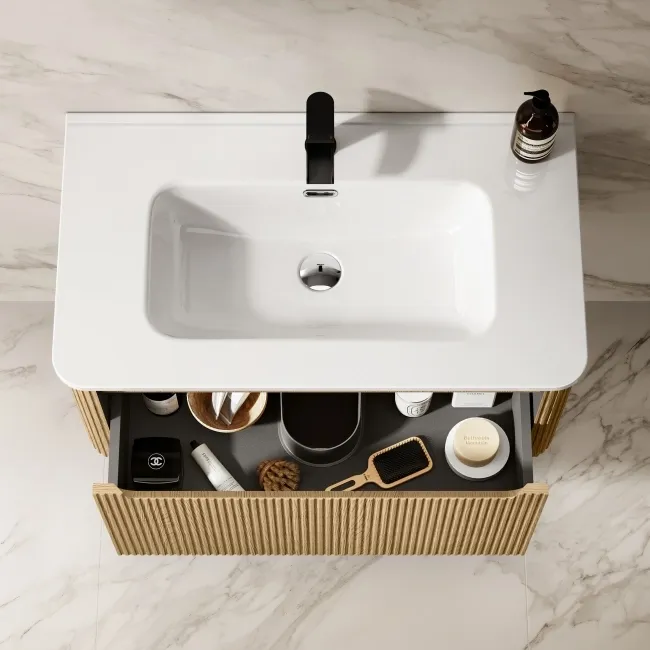 Sorrento Fluted Country Oak Wall Hung Basin Drawer Vanity 800mm