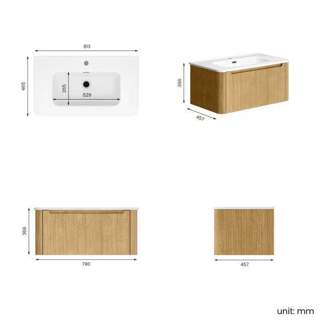Sorrento Fluted Country Oak Wall Hung Basin Drawer Vanity 800mm