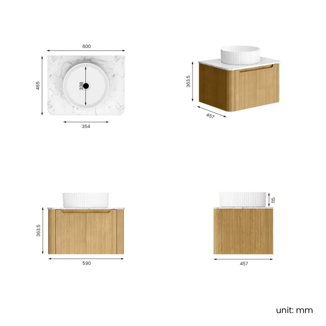 Sorrento Fluted Country Oak Wall Hung Drawer Vanity with Marble Top & Nevis Basin 600mm