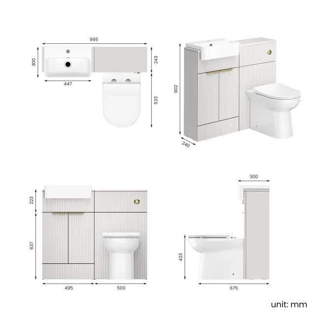 Sicily Fluted Coastal White Combination Vanity Basin and Aruba Toilet 1000mm - Brushed Brass Accents