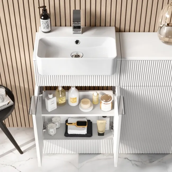 Sicily Fluted Coastal White Vanity and Back To Wall Toilet Unit 1000mm (Excludes Toilet) - Chrome Handles